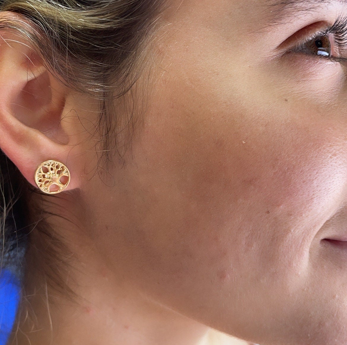 Casting 18k Gold Filled Plain Tree of Life Circle Stud Earrings, Mother Earth Jewelry