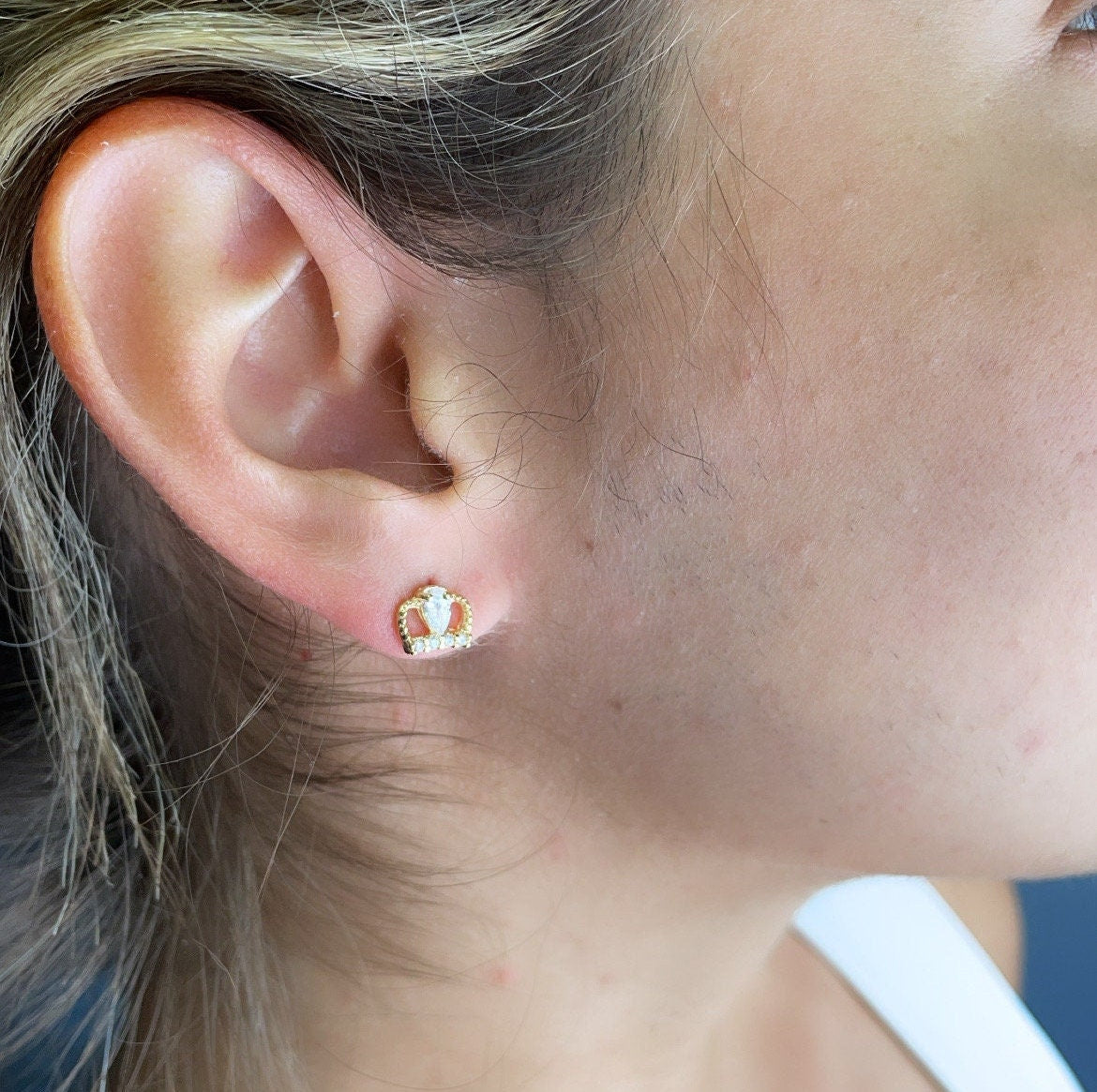 18k Gold Filled Small Crown Cubic Zirconia Stud Earrings Dainty Jewelry