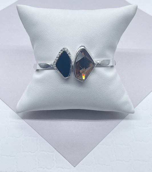 Silver Filled Cuff Bracelet With Simulated Soft Brown and Black Stones Partially Layered With Micro Pave Cubic Zirconia