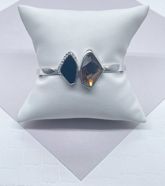 Silver Filled Cuff Bracelet: Brown & Black Stone with Cubic Zirconia