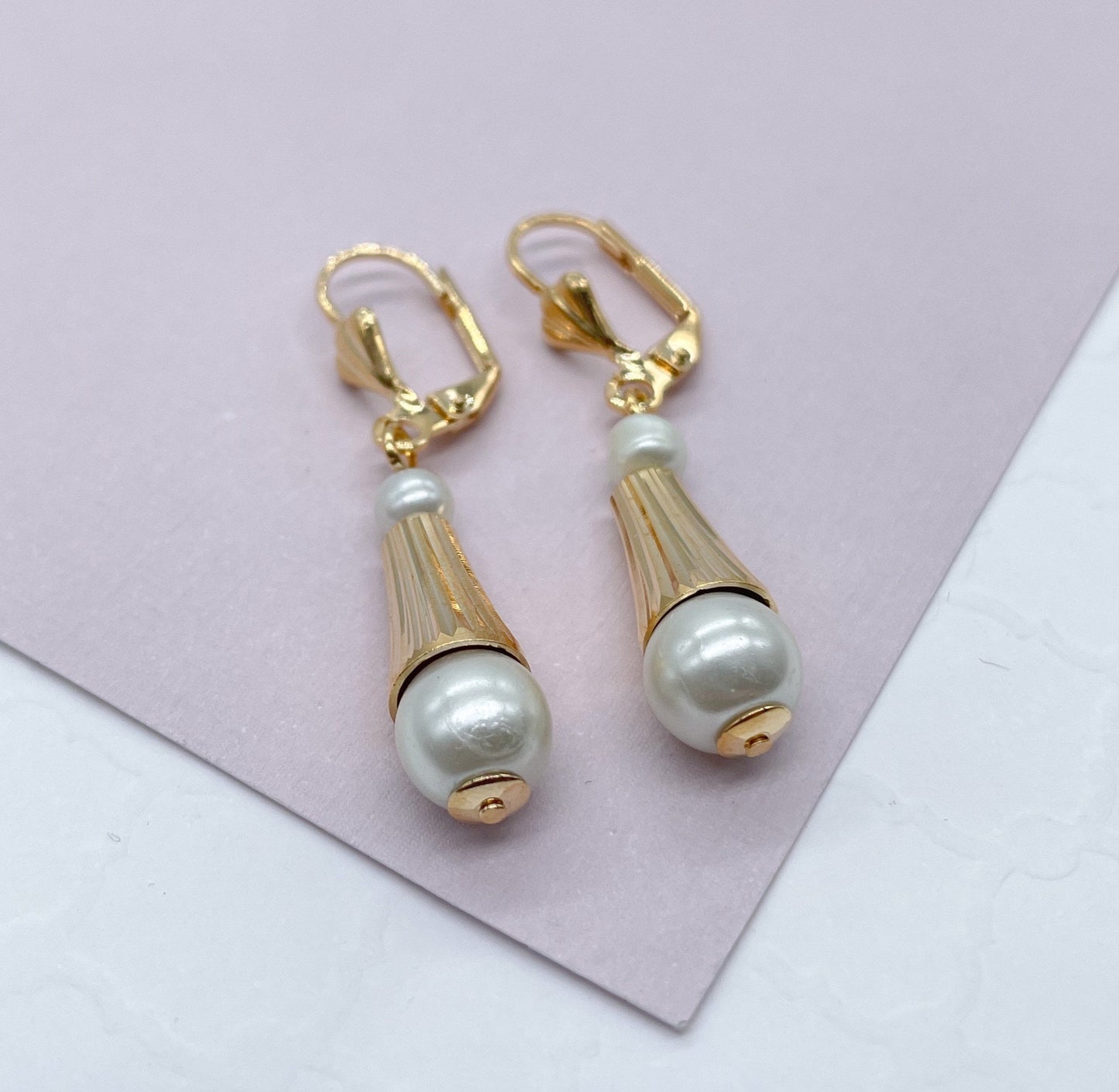 18k Gold Filled Dangling Earring With Simulated Pearl Ball Attached To The