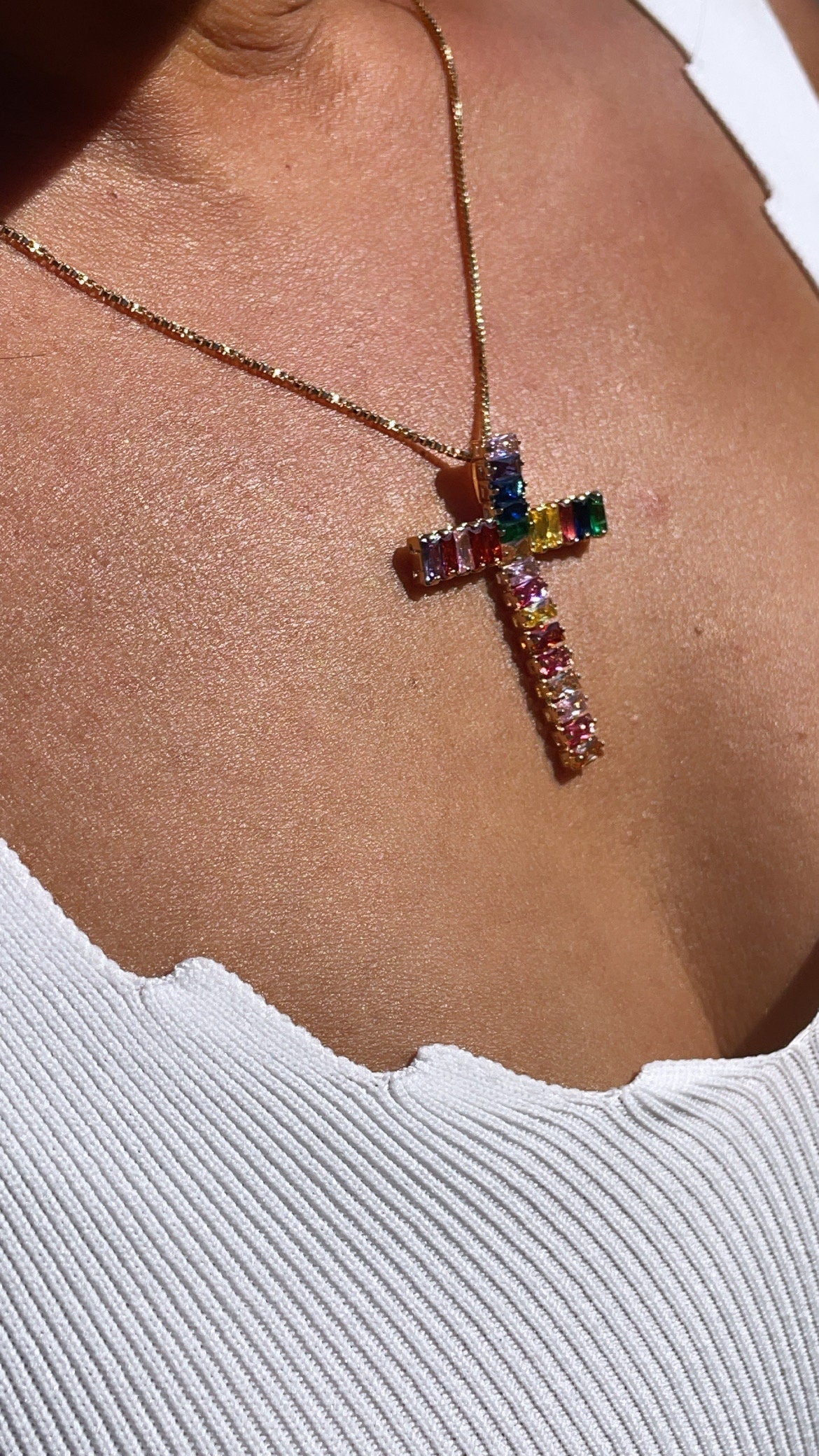 18k Gold Filled Cross Necklace: Multi-Color Zirconia Charm