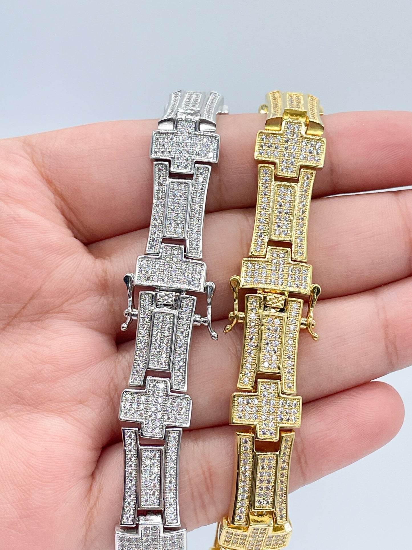 9mm Iced 18k Gold Filled Men's Cross Link Bracelet With Micro Pave Clear Cubic Zirconia Stones Jewelry