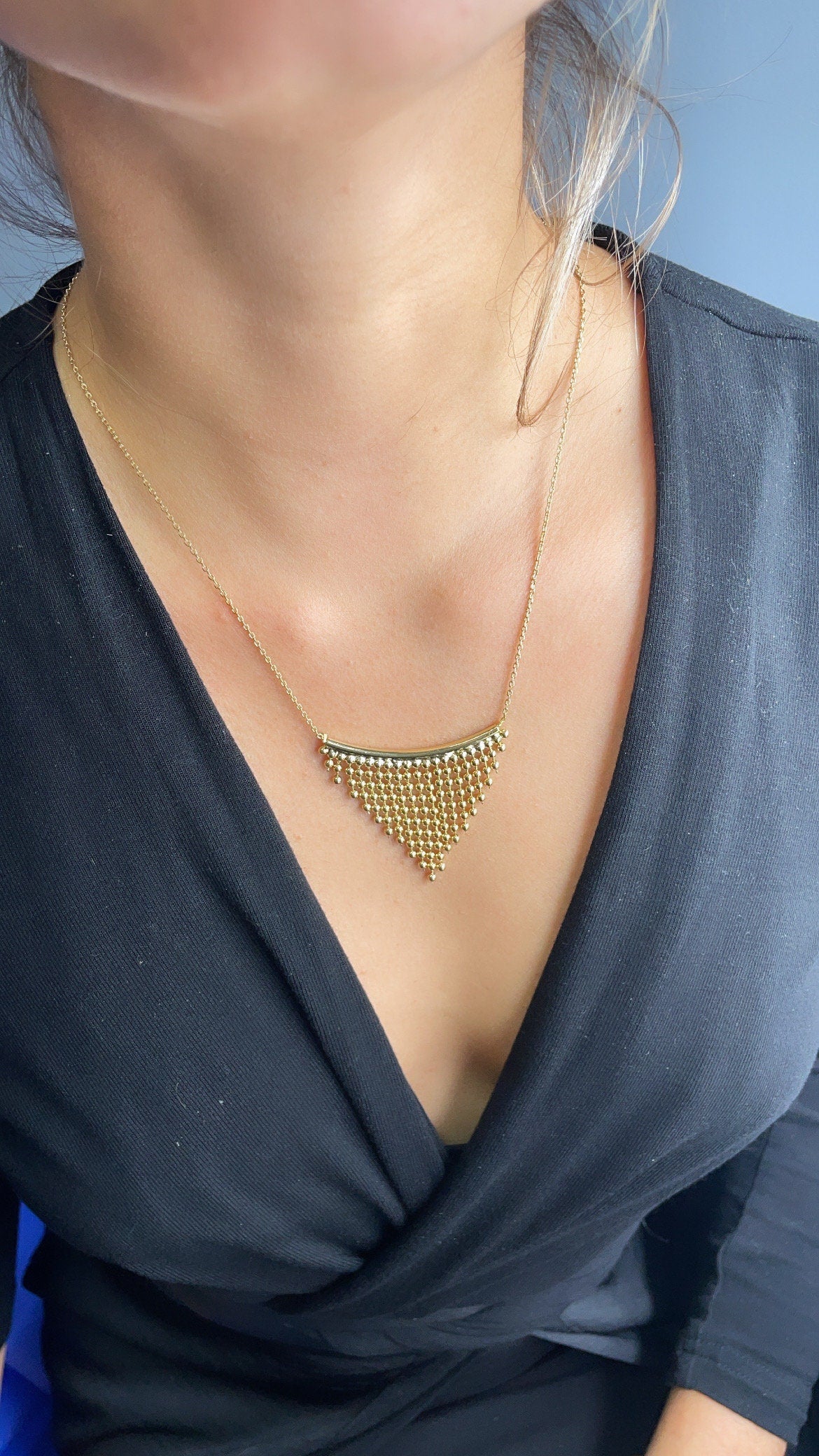 18k Gold Filled Boho Chain Necklace Fringe Dangling Beads, Mesh Inverted Gold Triangle, ,