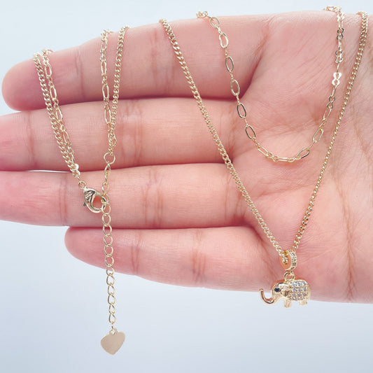 18k Gold Filled Layered Necklace: Elephant Charm, Good Luck Jewelry
