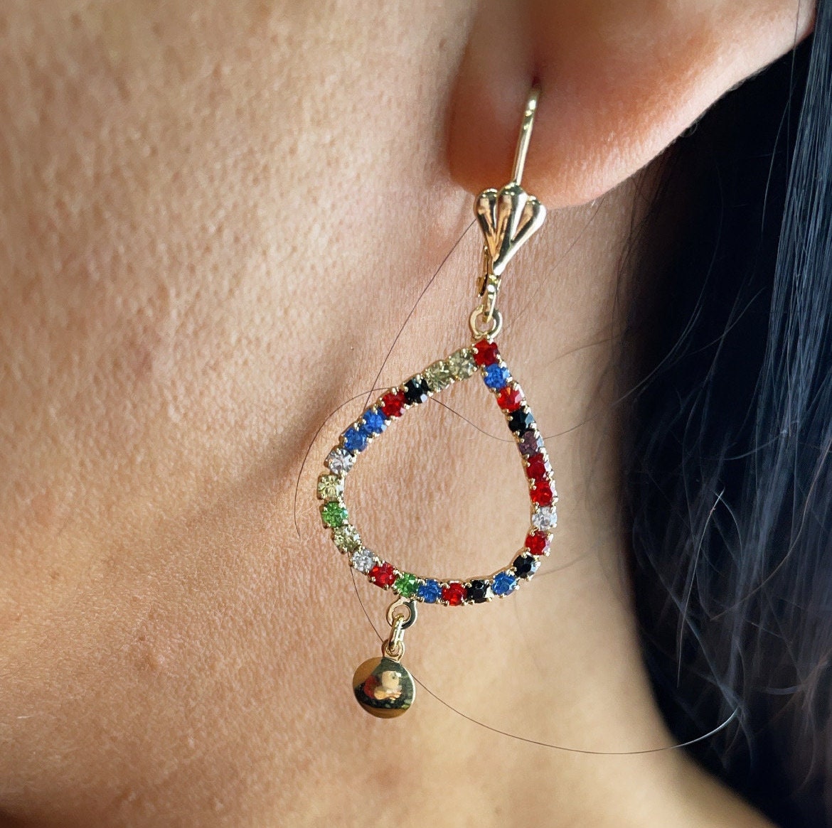 18k Gold Filled Drop Earrings: Multicolor Cubic Zirconia Leverback