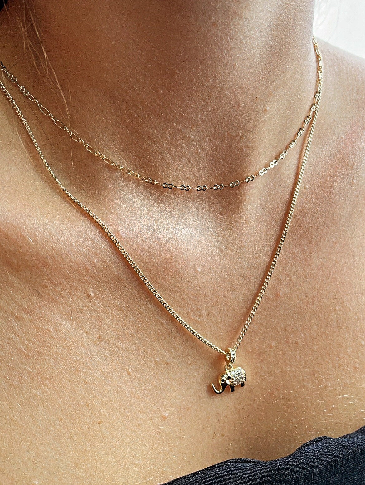 18k Gold Filled Layered Necklace: Elephant Charm, Good Luck Jewelry