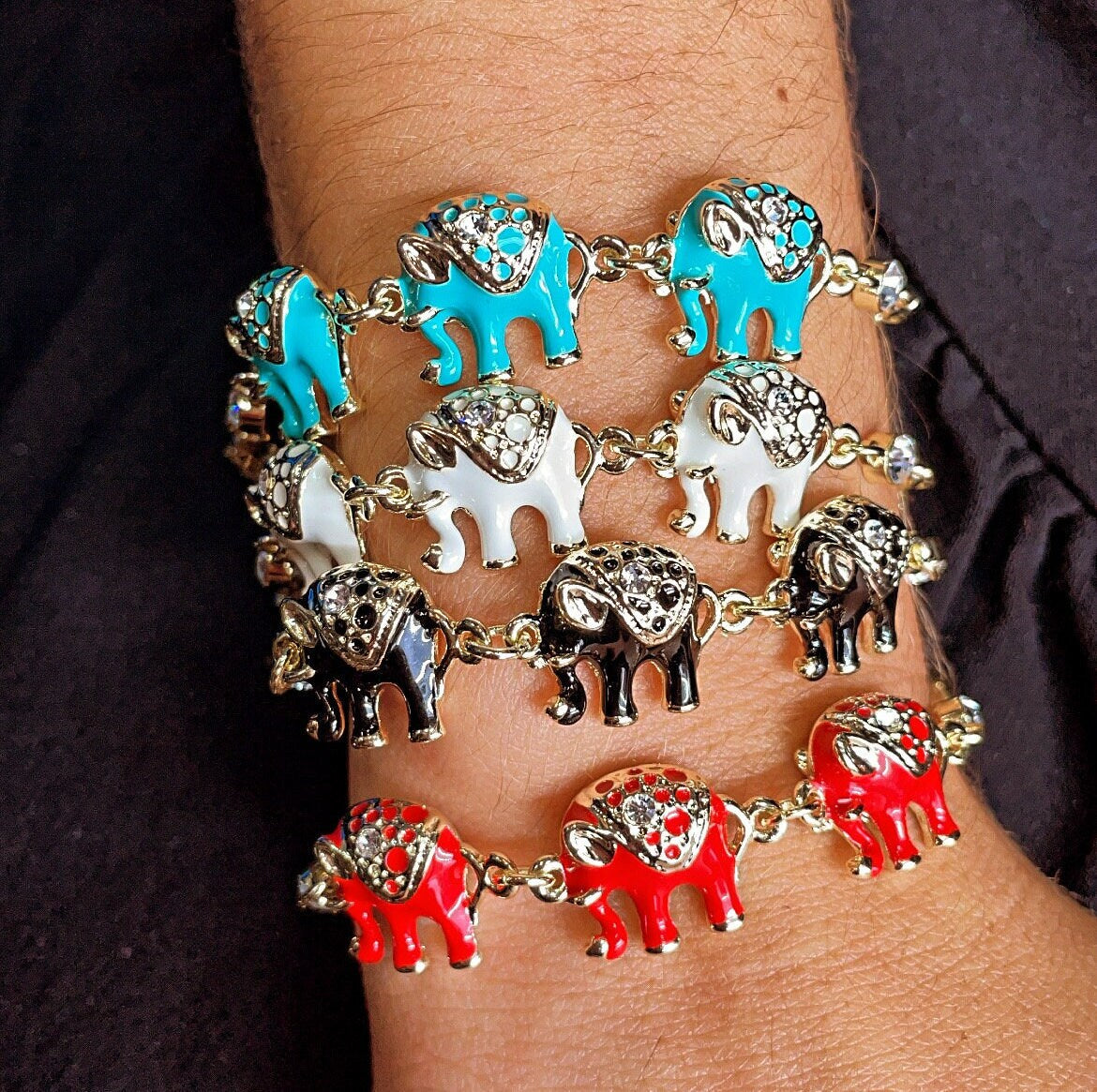 18k Gold Filled Multi Color Enamel Puffy Elephant Bracelets, Blue, Red, White and Black, Good tune Lucky Bracelet, Jewelry