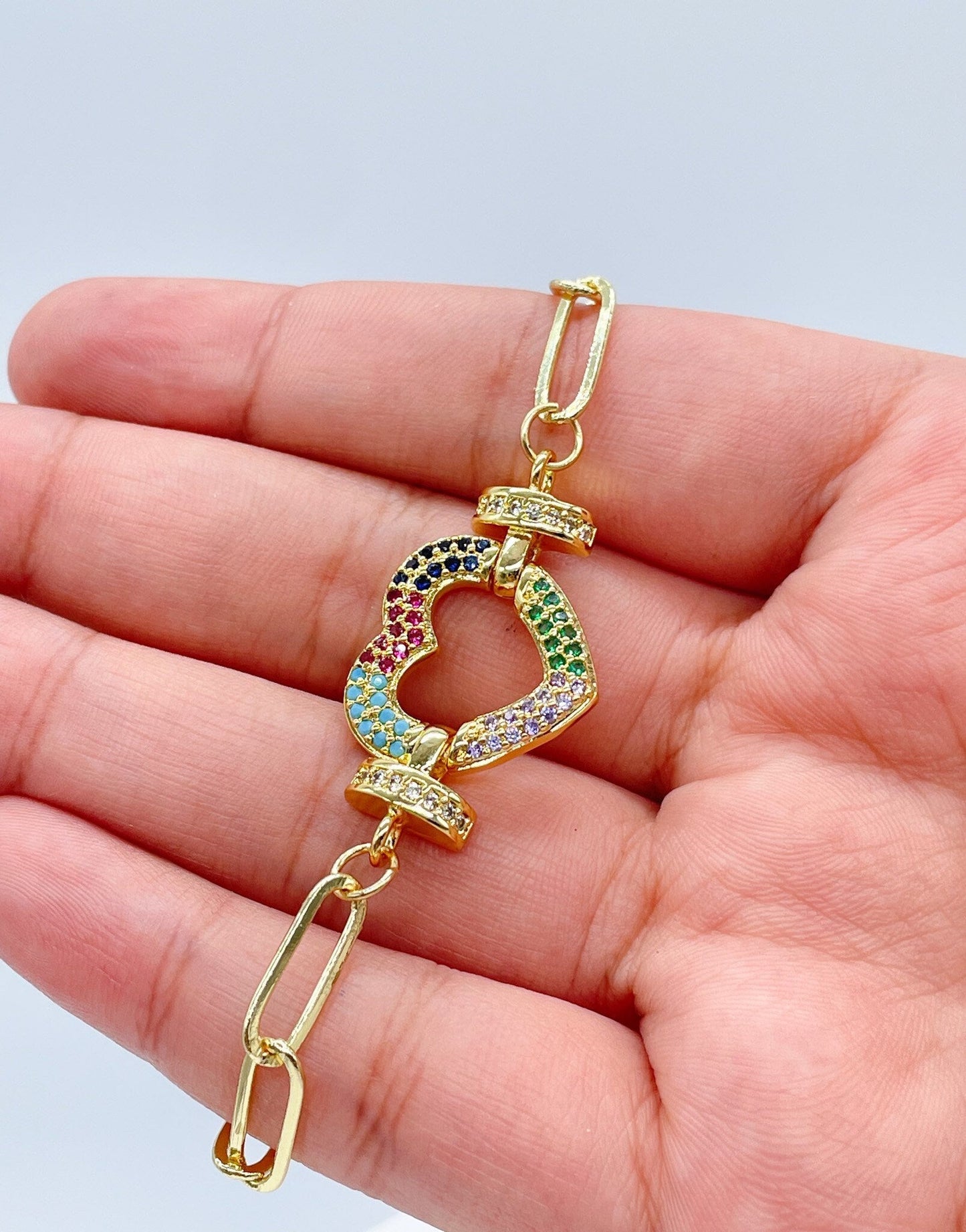 18k Gold Filled Paper Clip Link Bracelet Featuring Micro Pave Cubic Zirconia Heart Charm With CZ Connectors Jewelry