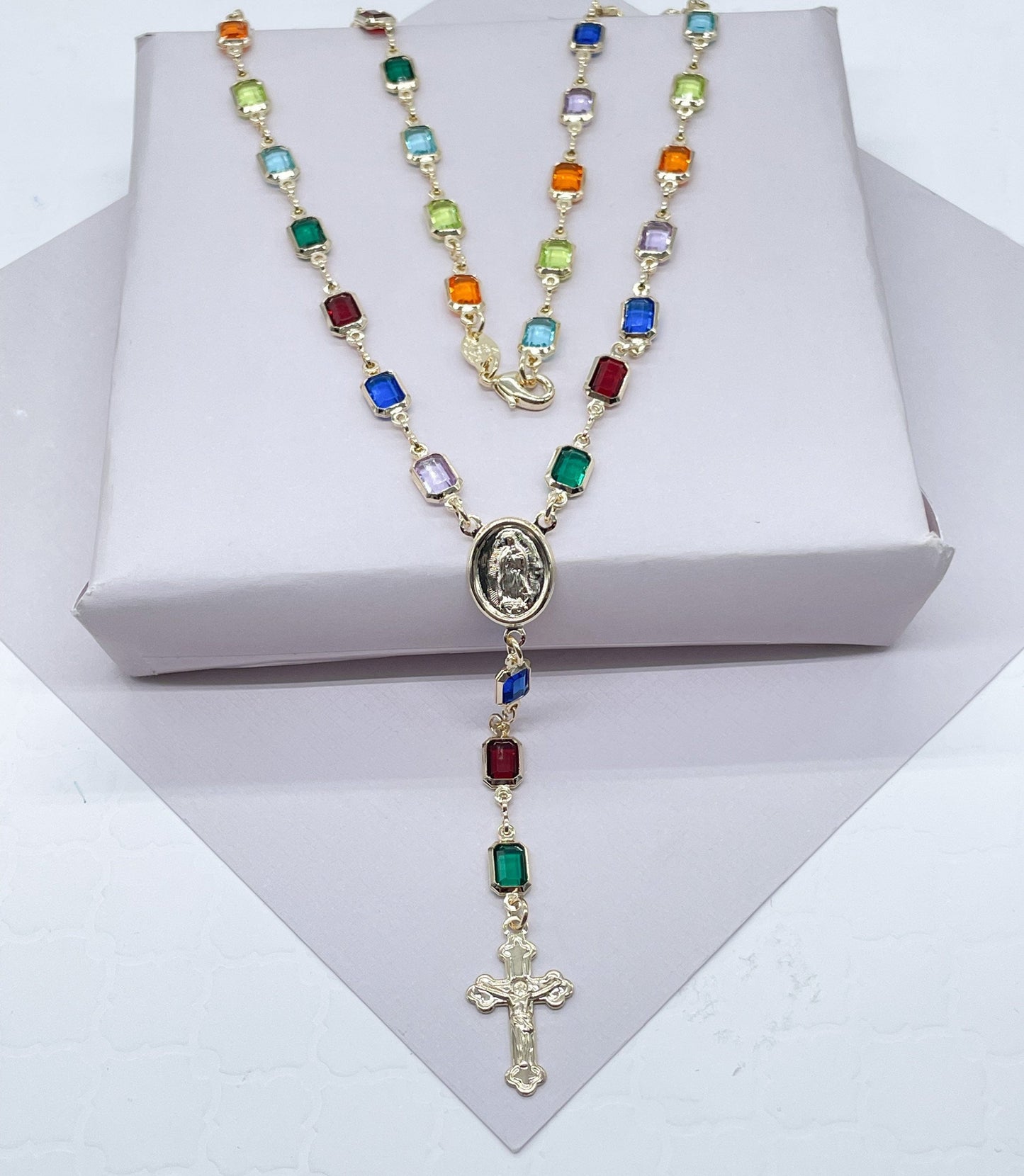 Trendy 18k Gold Filled Rosary Featuring Multi Colored Acrylic And Gold Crucifix Cross