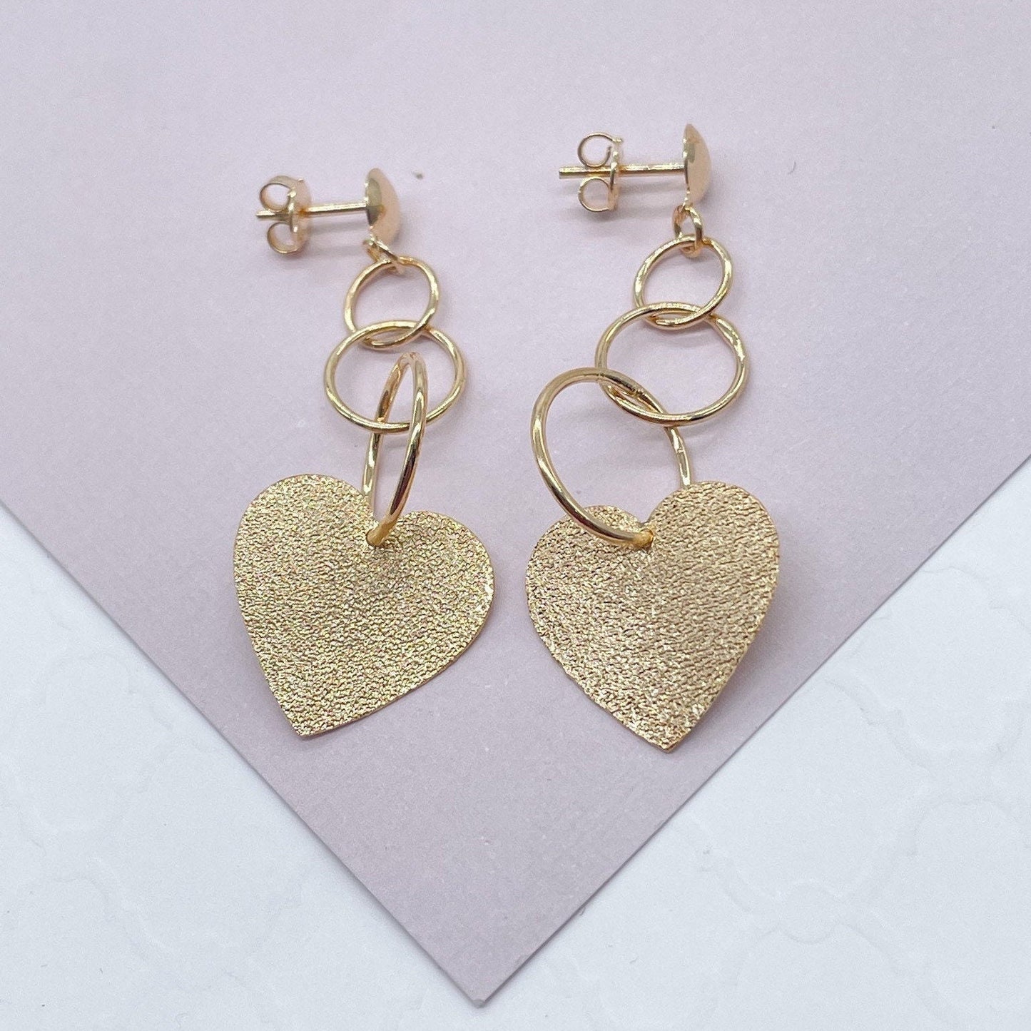 18k Gold Layered Rough Matte Flat Heart Dangling Earrings Wholesale Jewelry