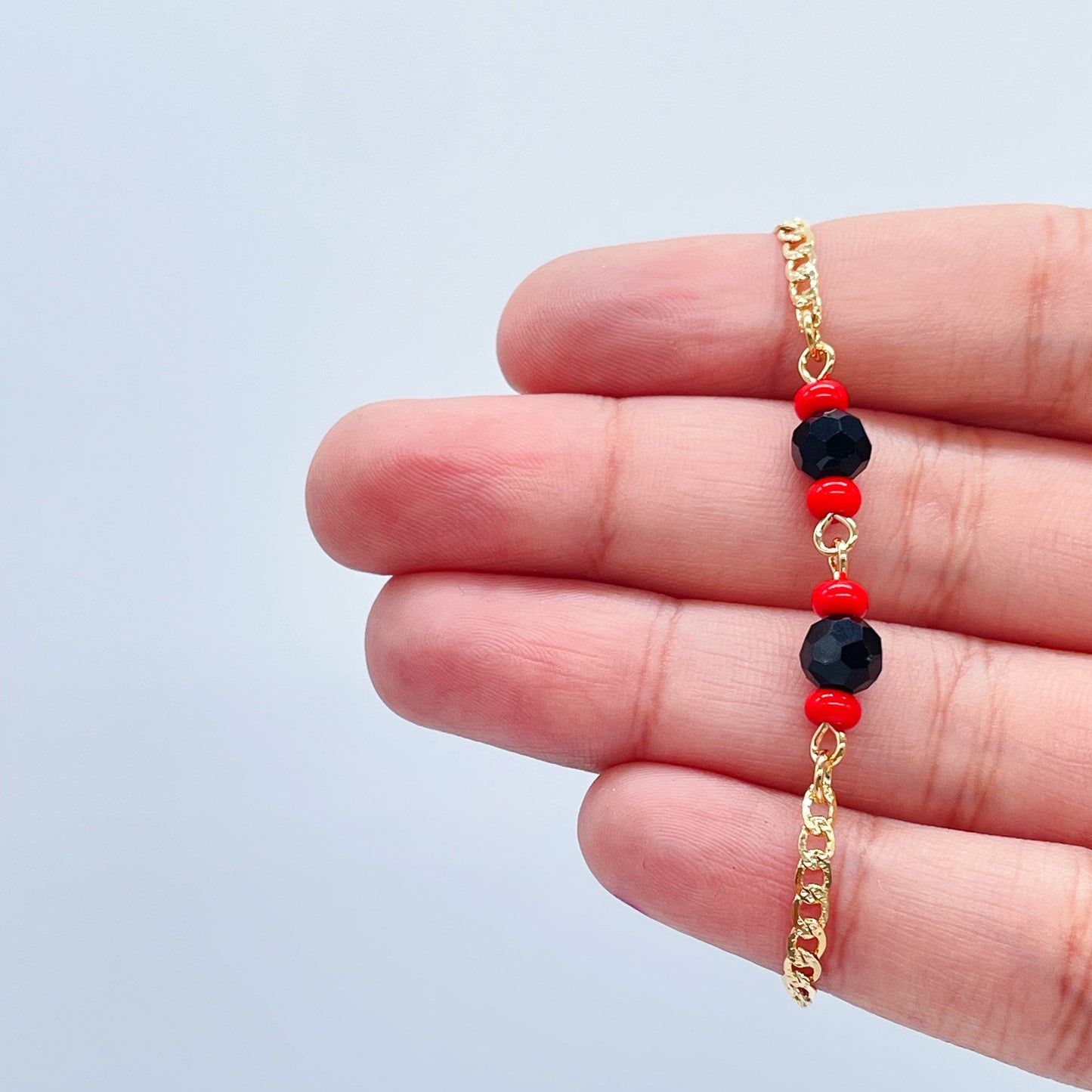 18k Gold Filled Cuban Link Simulated Azabache Stone Children's Bracelet,