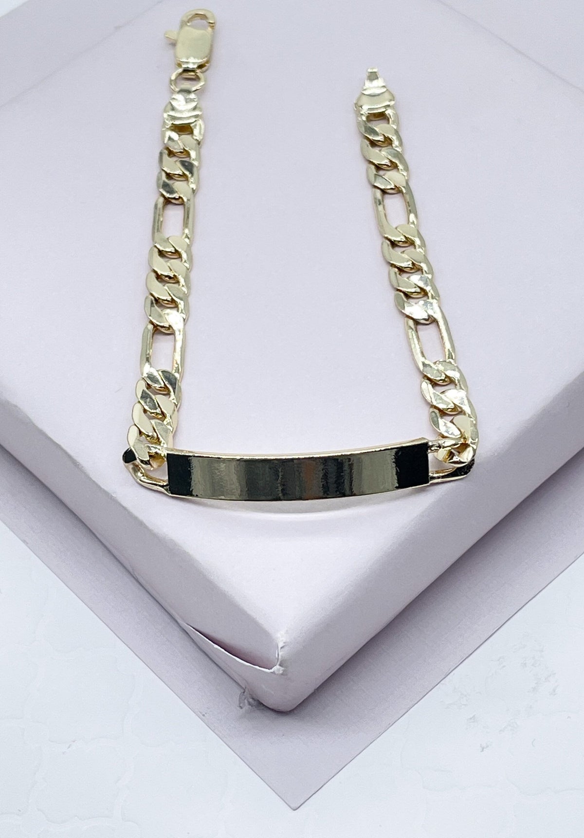 18k Gold Layered Figaro Link ID Children’s Bracelet, Bar Bracelet For Kids