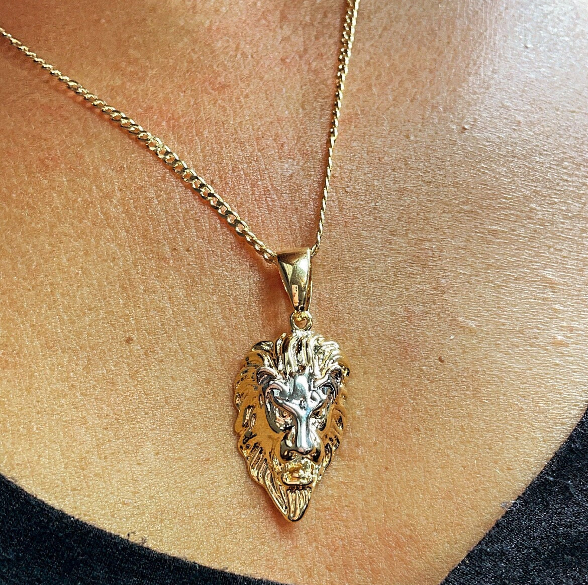 18k Gold Filled Lion Head Pendant: Two Tone Charm