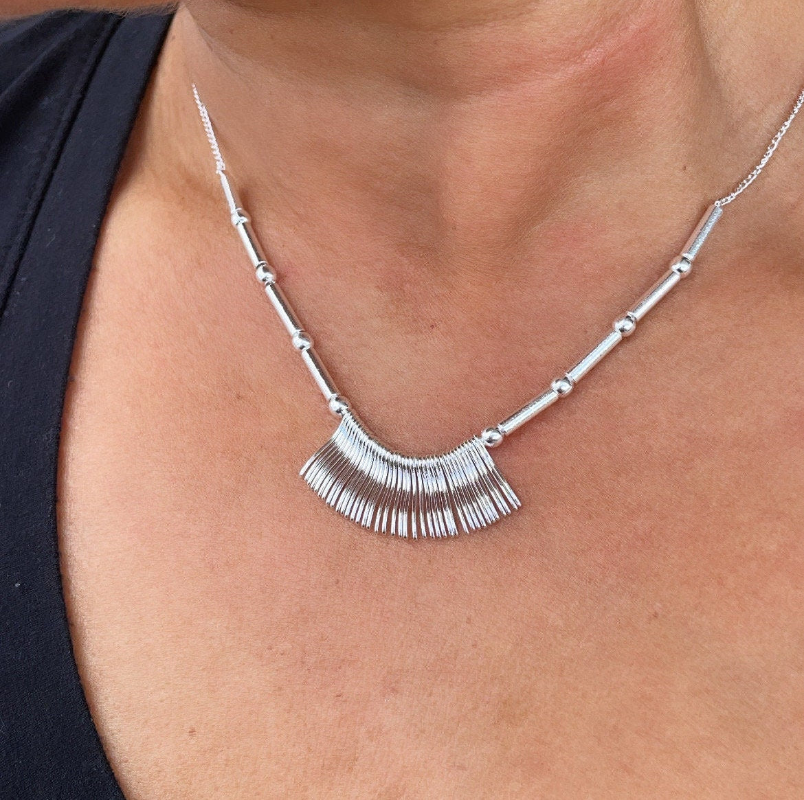 Silver Filled Fringe Necklace Featuring Tubes And Beads Complete Boho Style