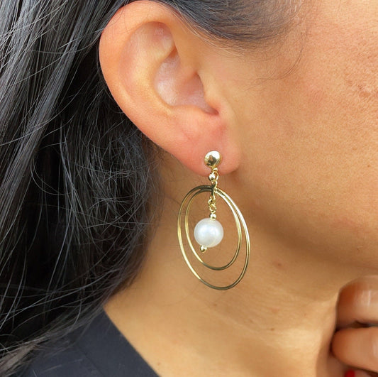 18k Gold Filled Double Stacked Hoop Earrings Featuring Simulated Pearl Dangling In The Middle