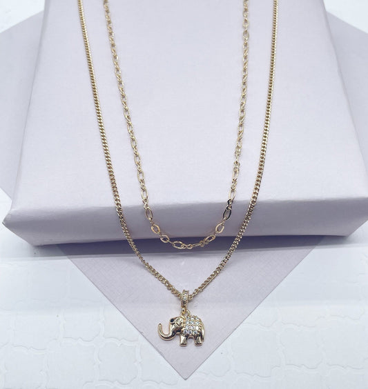 18k Gold Filled Layered Necklace: Elephant Charm, Good Luck Jewelry