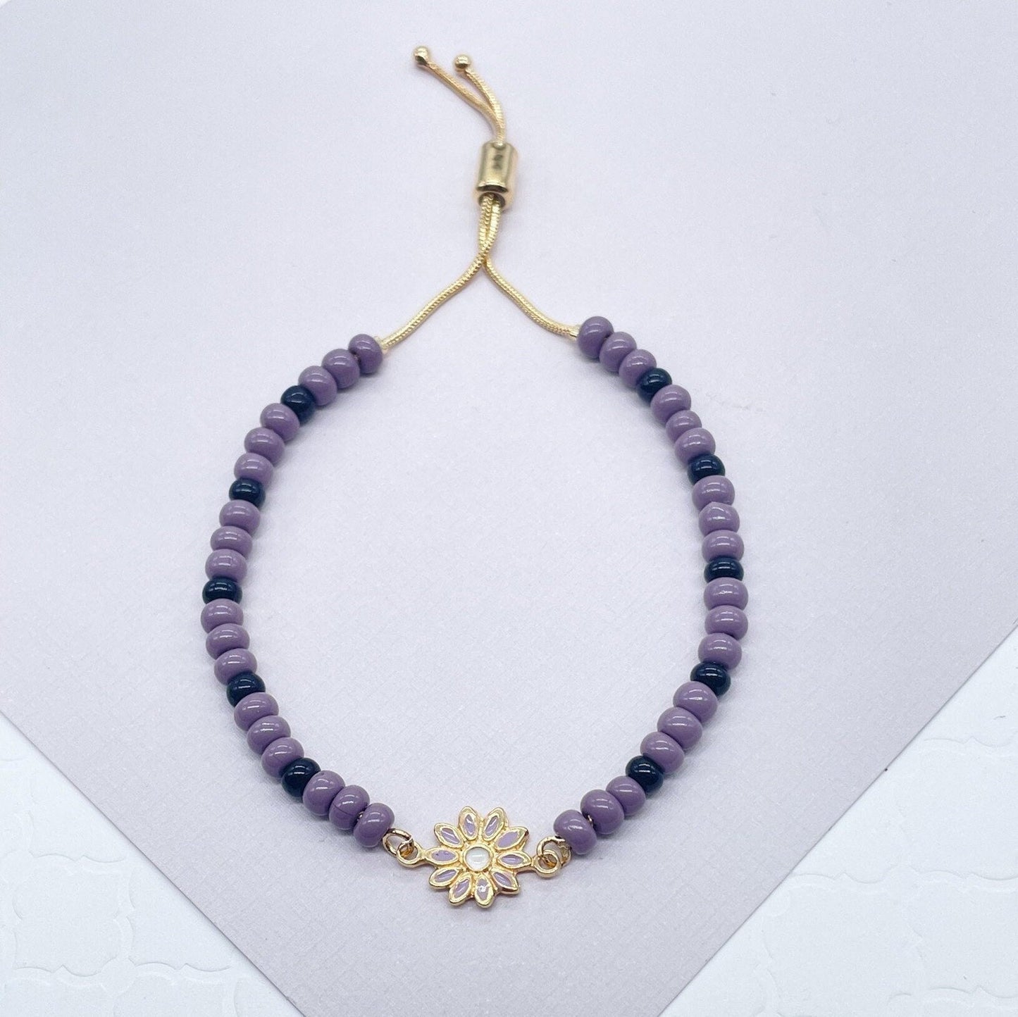 18k Gold Layered Beaded Bracelet Featuring Purple Black Beads, Colorful Enamel