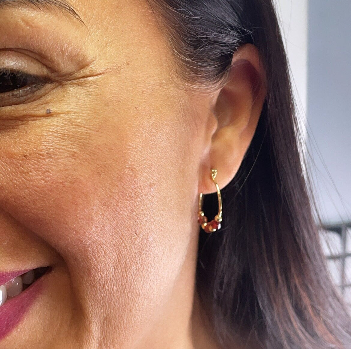 18k Gold Filled Thin Hoop Earrings With Diamond Shape Maroon Acrylic And Mini Gold Beads