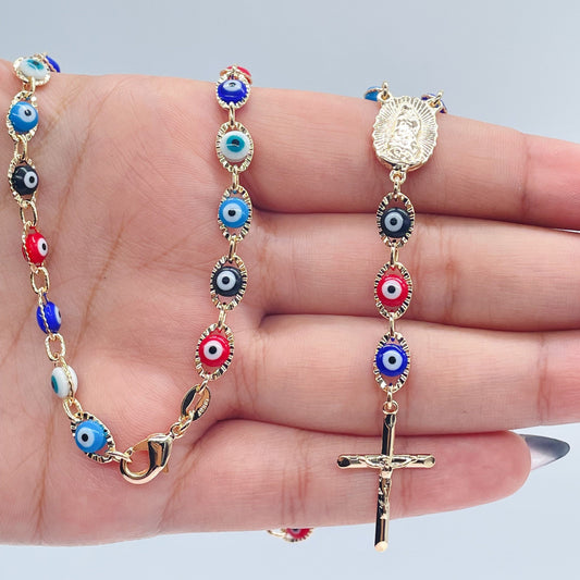 18k Gold Filled 24” long Colorful Evil Eye Rosary Style Necklace Featuring Our