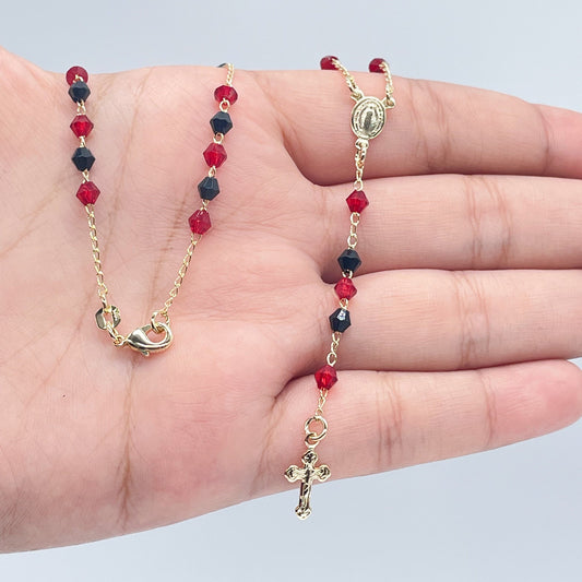 18k Gold Filled 20” long Black and Red Beaded Rosary Style Necklace