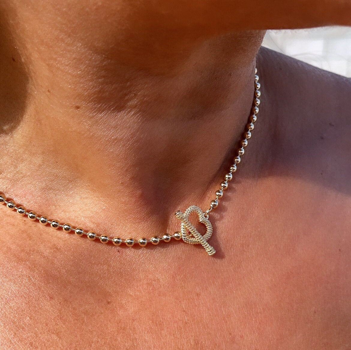 18k Gold Filled 3mm Beaded Necklace Featuring Toggle Heart Clasp