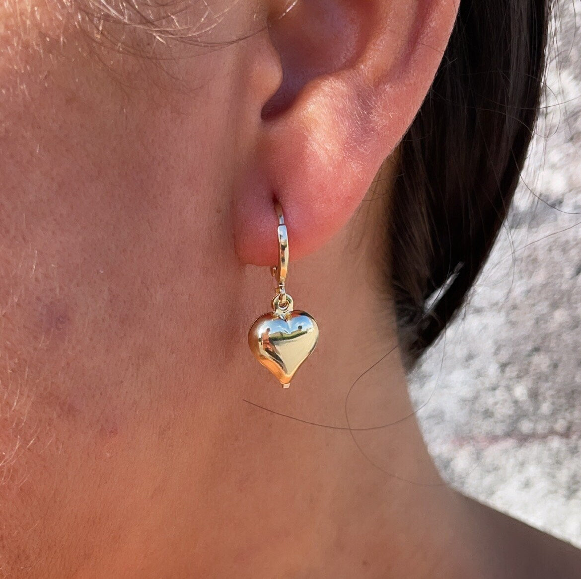 18k Gold Filled Puffy Chubby Heart Dangling Earrings