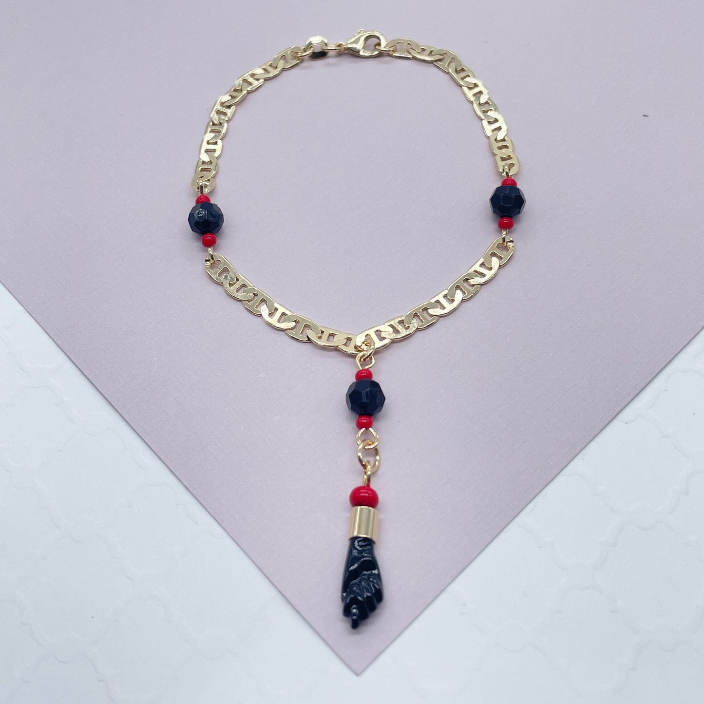 18k Gold Layered Mariner Link Bracelet Featuring Figa And Simulated Azabaches for