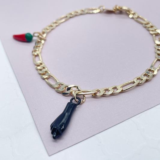 18k Gold Filled Figaro Charm Bracelet: Black Figa Hand & Chili Peppers