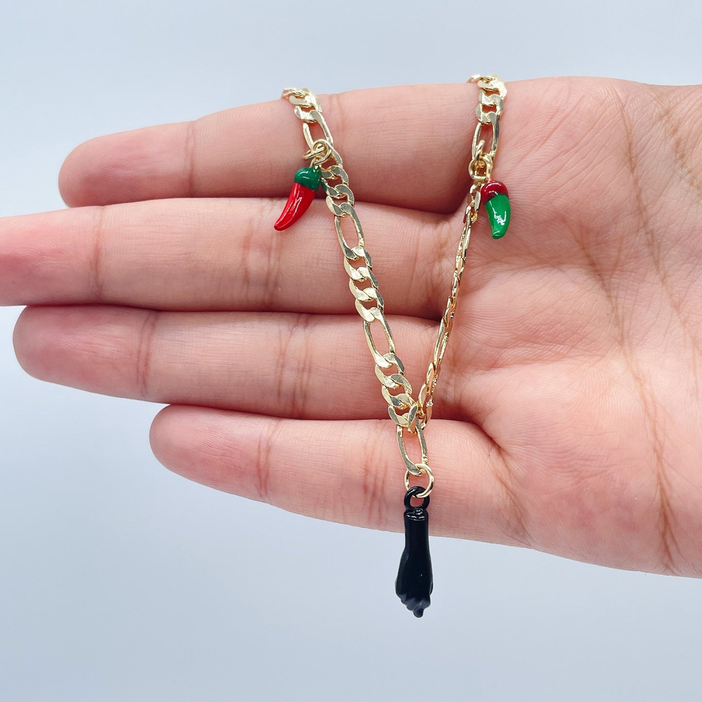 18k Gold Filled Figaro Anklet: Black Figa Hand, Chili Charms