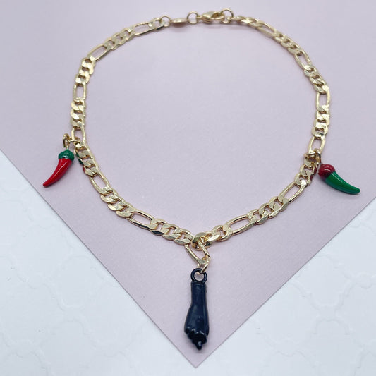 18k Gold Filled Figaro Anklet: Black Figa Hand, Chili Charms