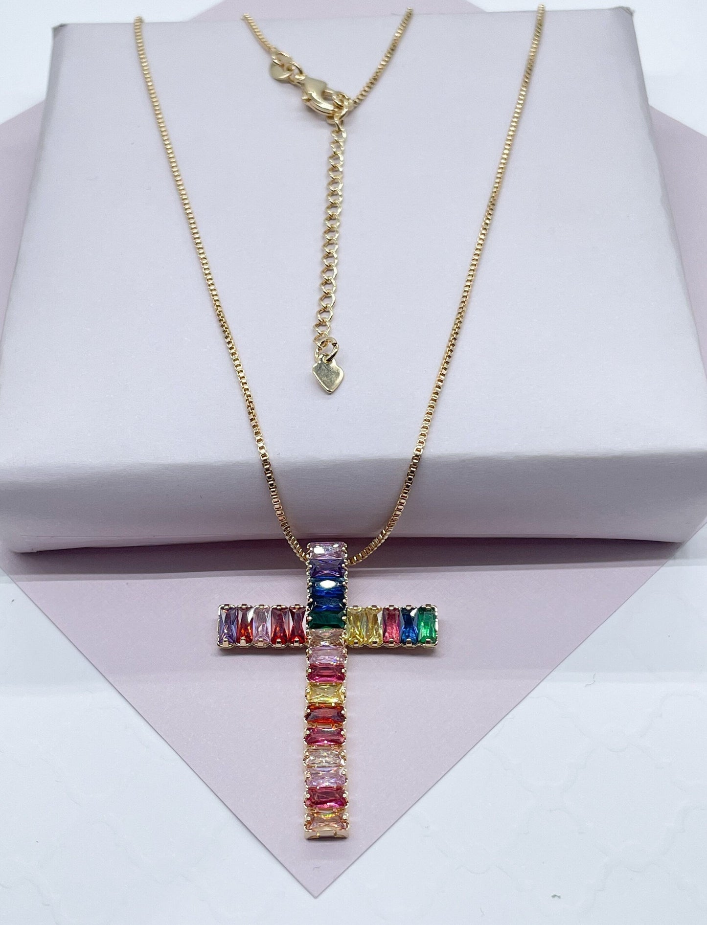 18k Gold Layered Multi-Color Baguette Zirconia Flexible Cross Charm with Box