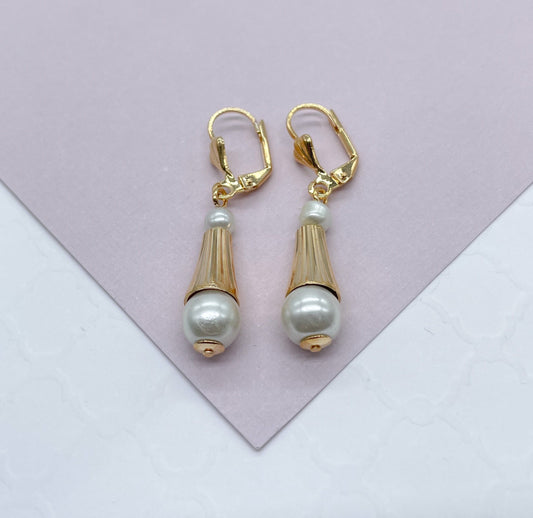18k Gold Filled Dangling Earring With Simulated Pearl Ball Attached To The Bottom