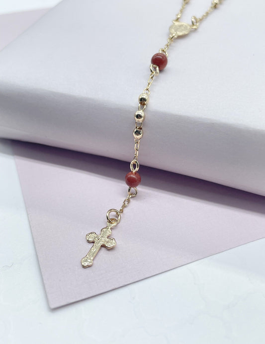 18k Gold Filled Rosary: Brown Aventurine Beads, Victorian Cross