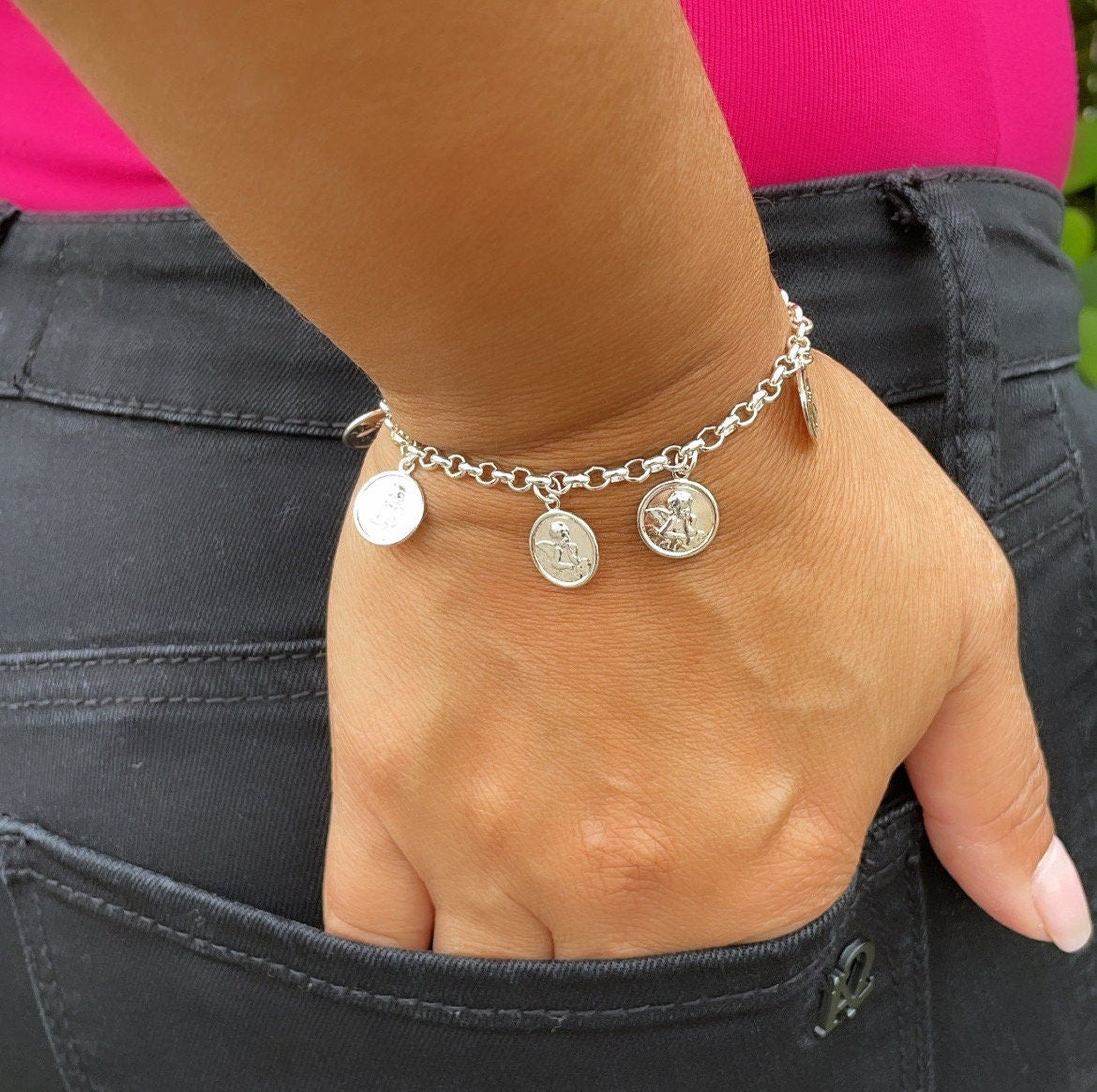 Silver Filled Angel Charm Rolo Bracelet Featuring Seven Angel Medals
