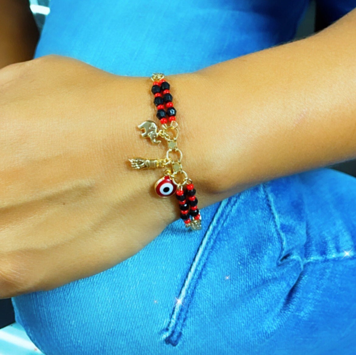 18k Gold Filled Charm Bracelet: Figa Hand, Evil Eye, Elephant