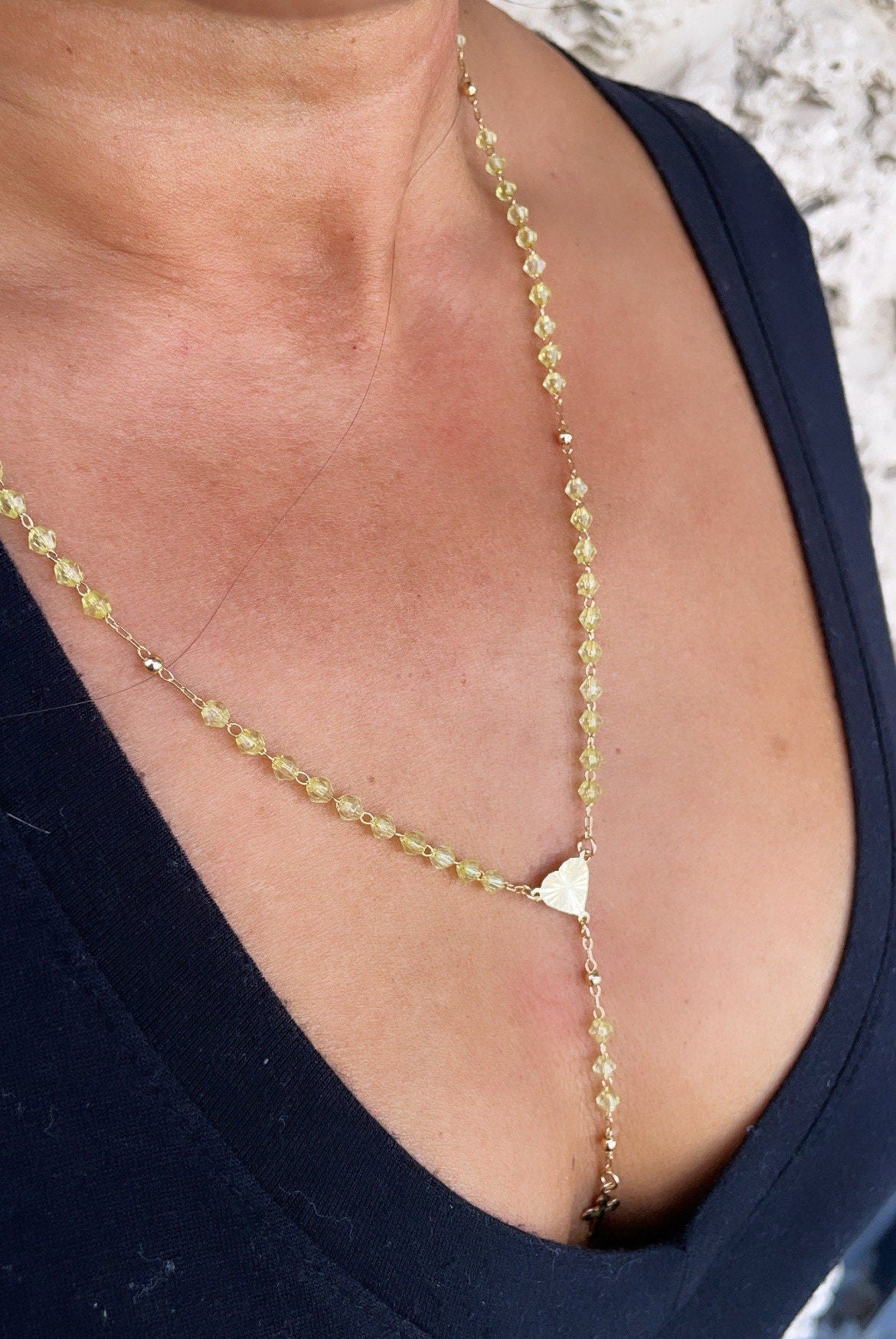 18k Gold Filled Beaded Necklace Featuring Center Sun Rays Textured Heart And