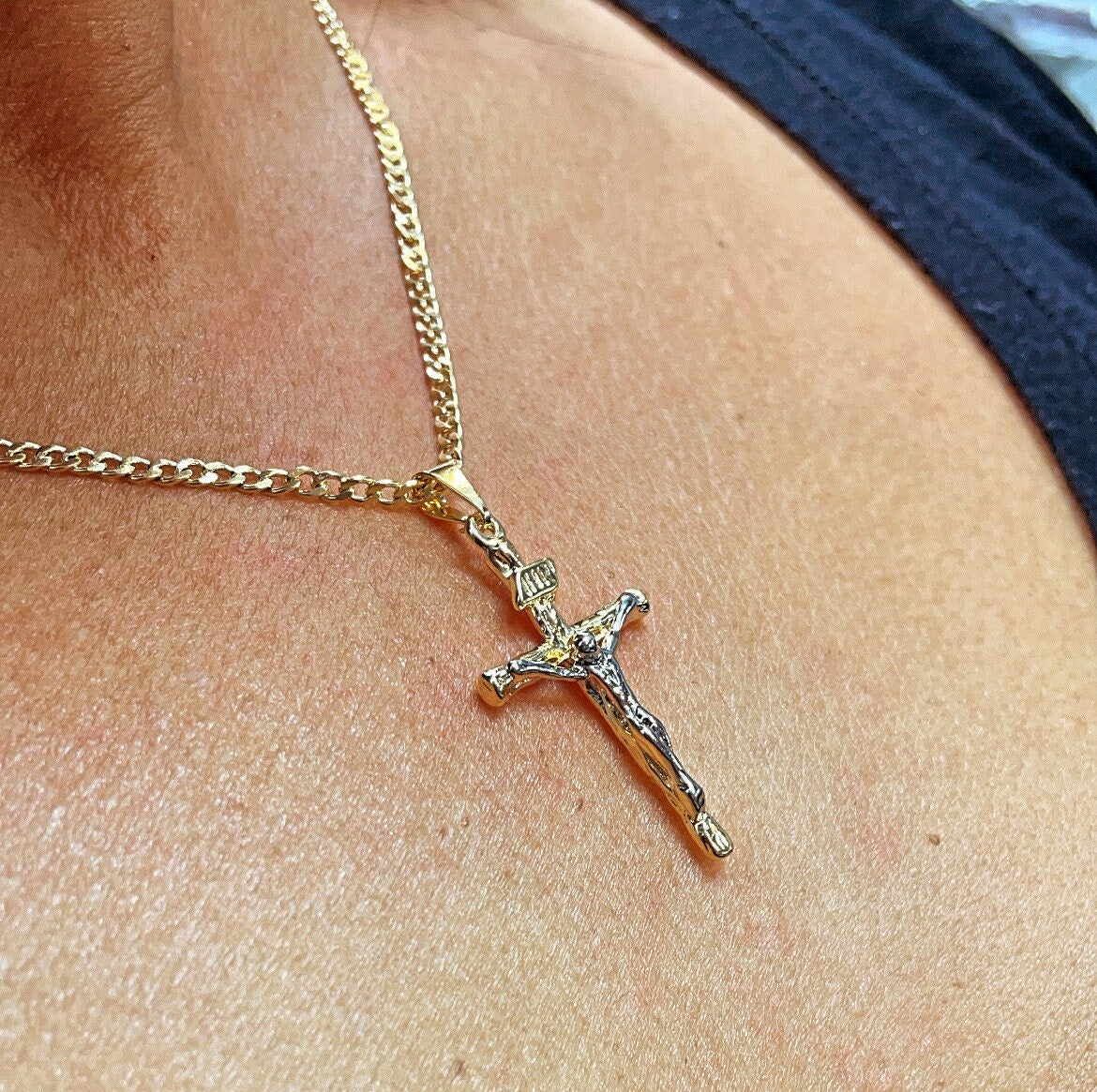 18k Gold Filled Crucifix Cross: Two Tone Jesus Pendant