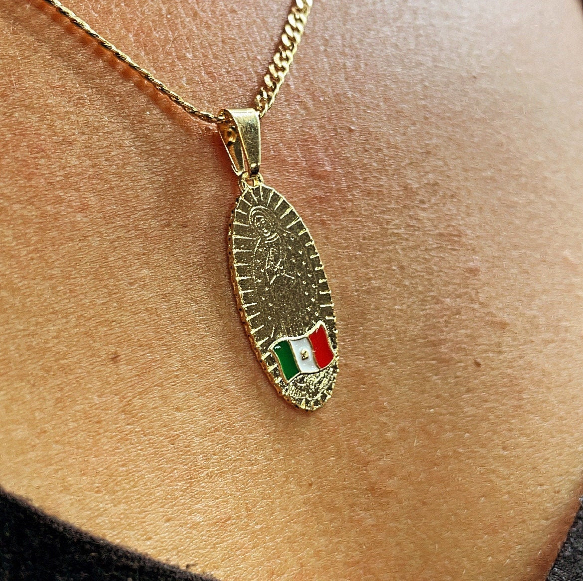 18k Gold Filled Oval Shaped Our Lady of Guadalupe Pendant Featuring Mexican Flag Supplies