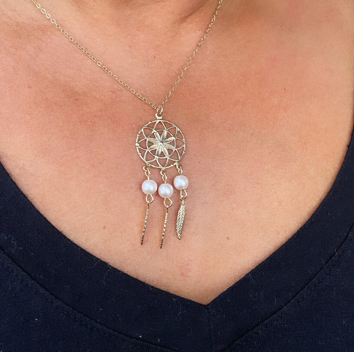 18k Gold Filled Dream Catcher Jewelry Set With Earrings And Necklace Featuring Pearls Details