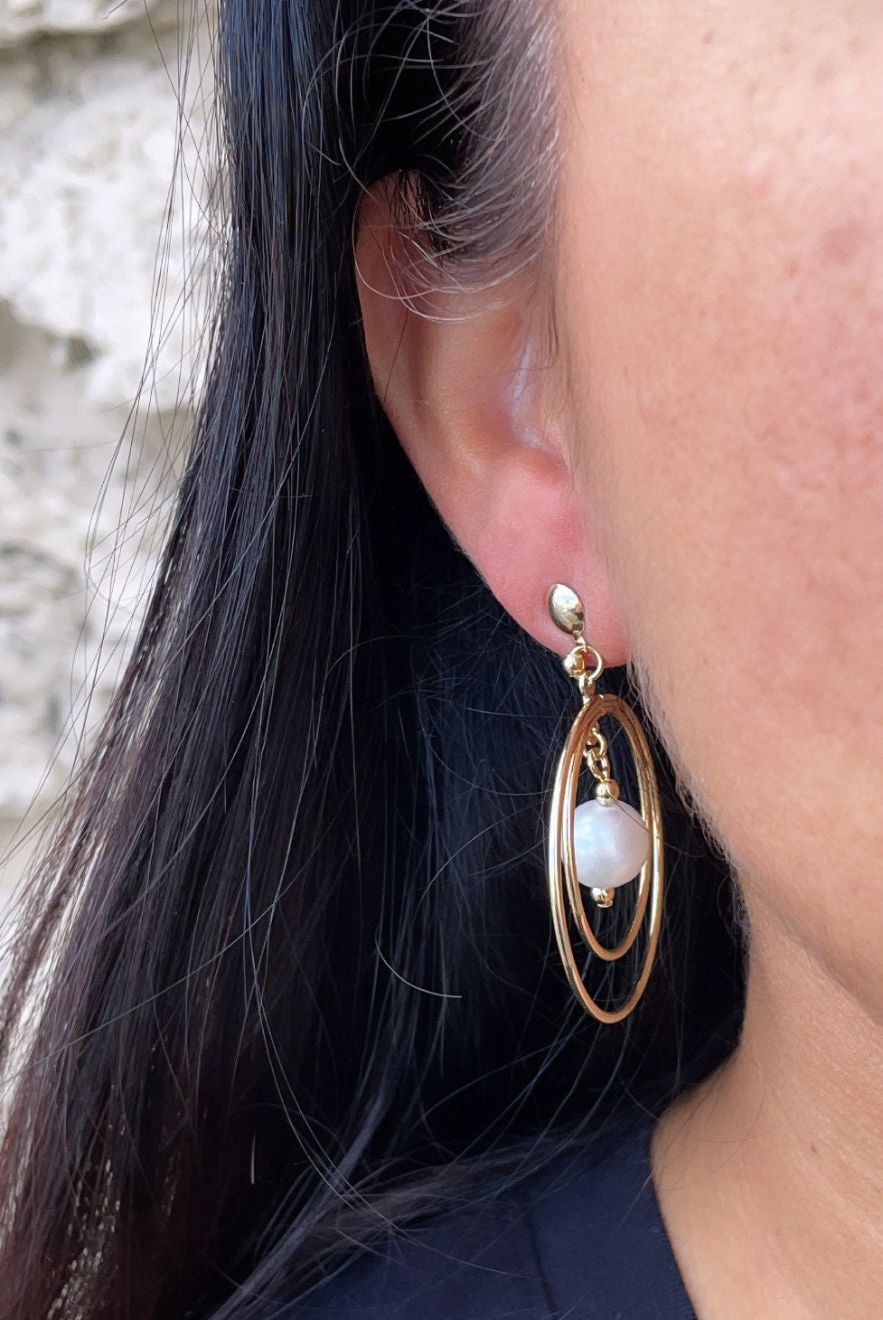 18k Gold Filled Double Stacked Hoop Earrings Featuring Simulated Pearl Dangling In The Middle