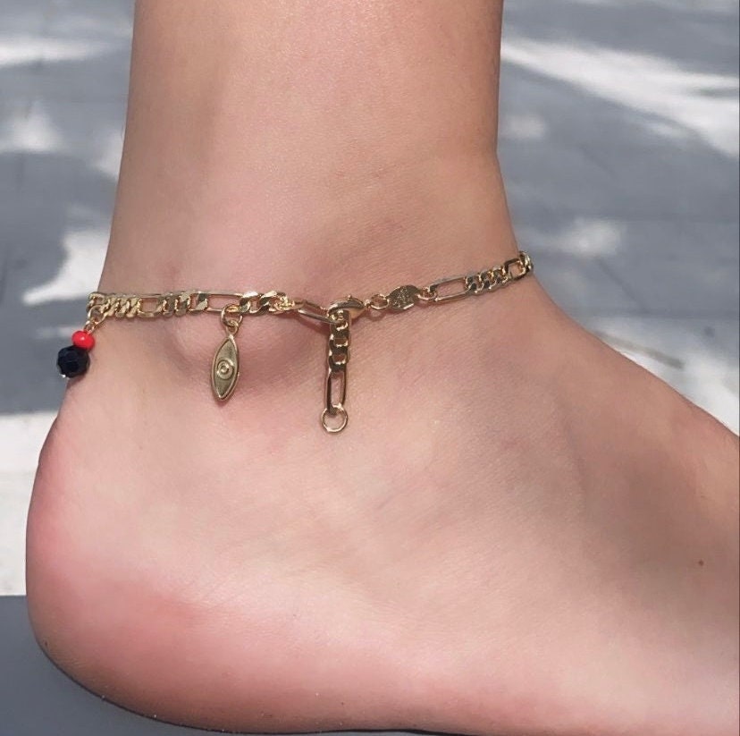 18k Gold Filled Figaro Anklet: Hamsa, Azabache, Chili, Evil Eye Charms