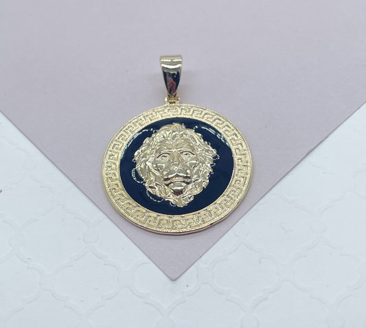 18k Gold Filled Greek Pattern Engraved Circle Pendant Featuring Lions Head and Black Enamel Plate