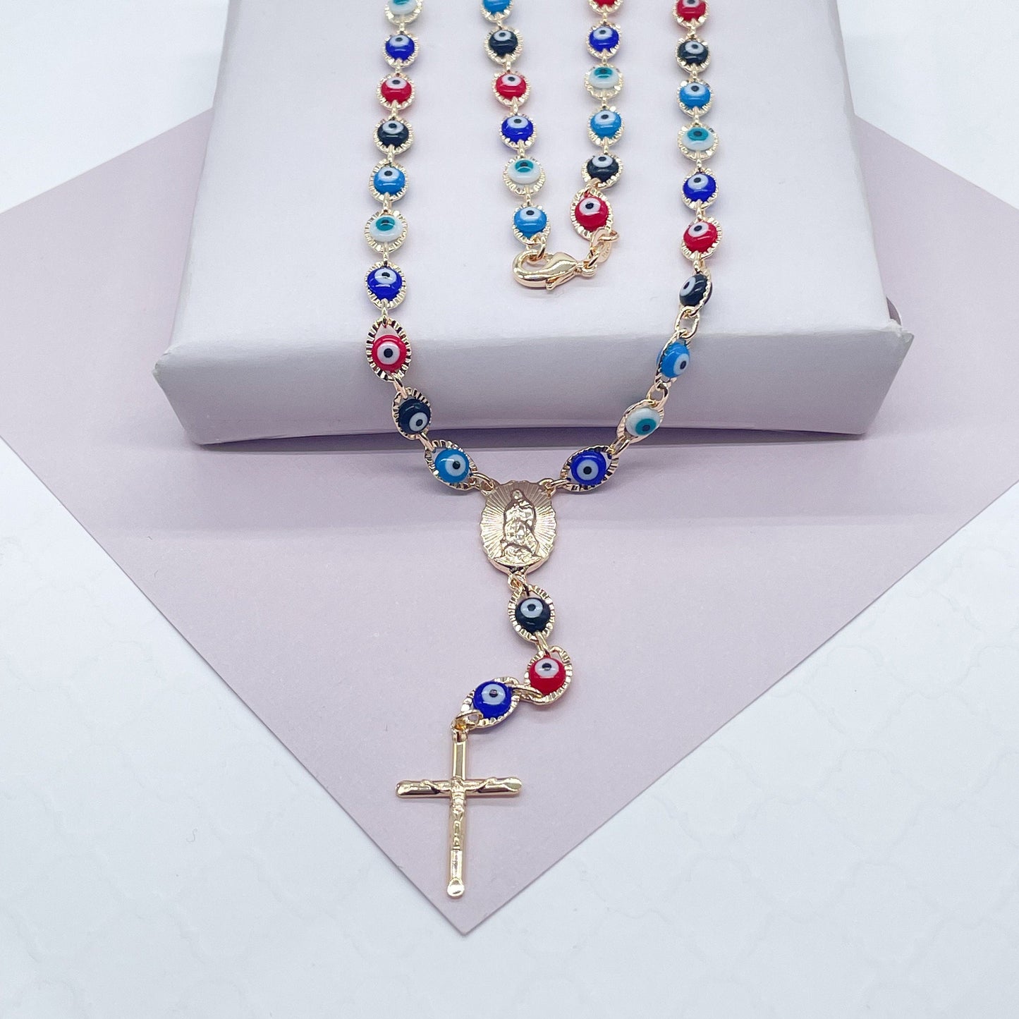 18k Gold Filled 24” long Colorful Evil Eye Rosary Style Necklace Featuring Our