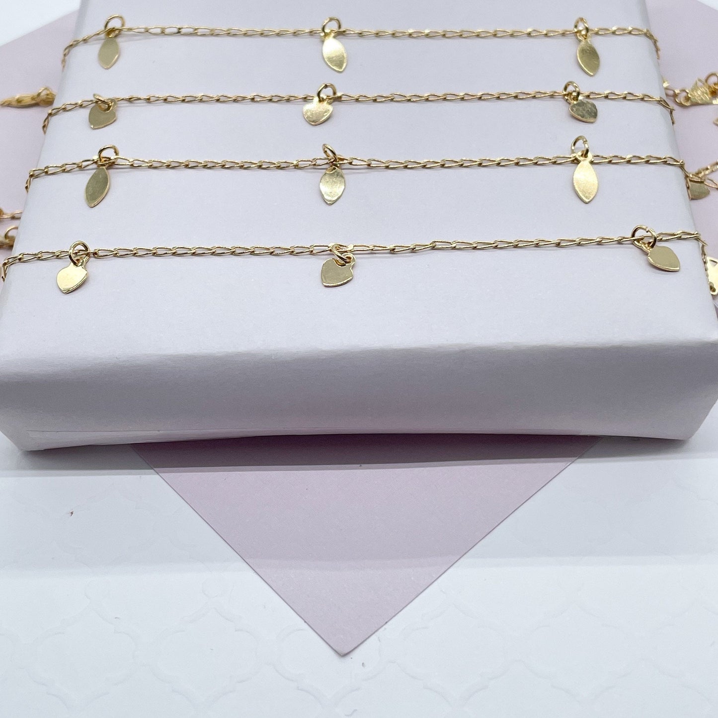 18k Gold Filled Charm Anklet Featuring Options In Heart or Leaves Wholesale