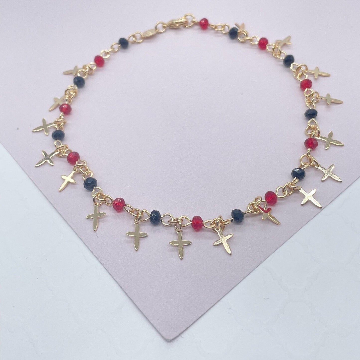 18k Gold Filled Red and Black Bead Charm Anklet Bracelet Featuring 17 Tiny Crosses