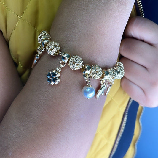 18k Gold Filled Lucky Charms Featuring Hamsa Clover Elephant Chili Pearl Peace Sign