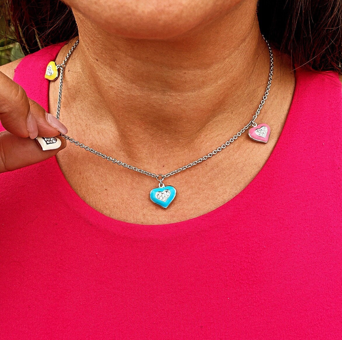 Silver Filled Necklace with Colorful Enamel Heart Charms