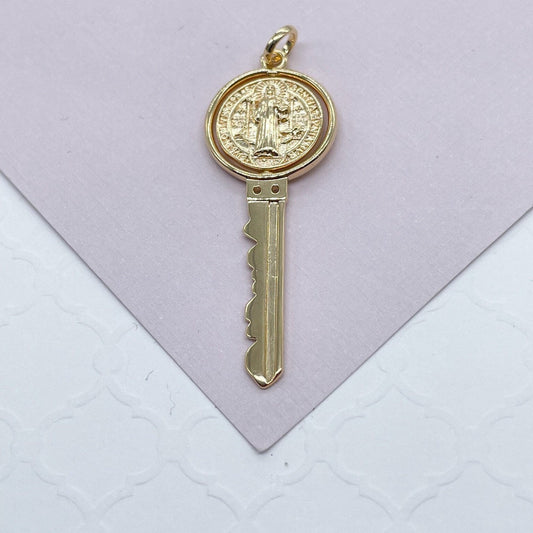 Swivel Double Sided 18k Gold Filled San Benito Engraved Key Pendant