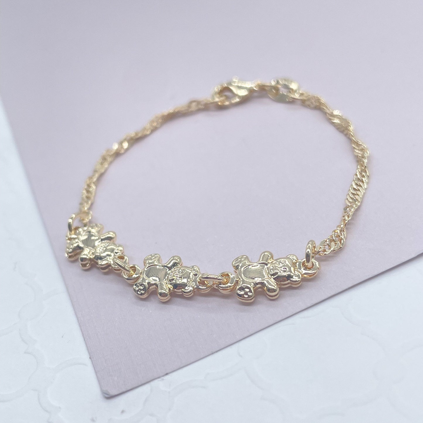 18k Gold Filled Teddy Bear Engraved Link Kids Bracelet